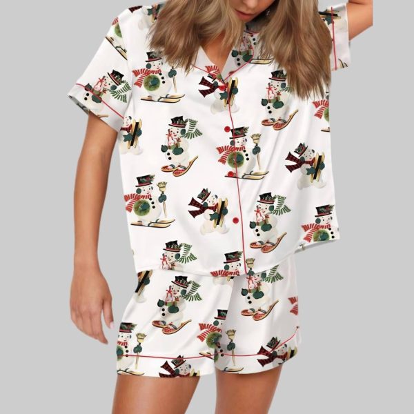 Vintage Christmas Jolly Snowman Satin Pajama Set