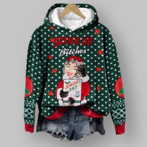 Retro Drink Up Bitches Christmas Print Hoodie