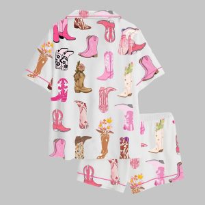 Colorful Cowboy Boot Flowers Satin Pajama Set