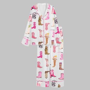 Colorful Cowboy Boot Flowers Satin Pajama Set