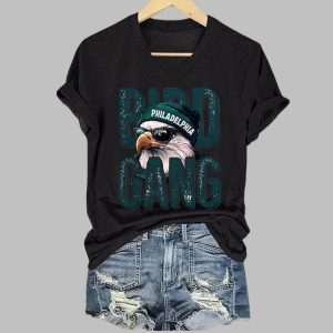 Bird Gang Eagles Football Print V neck T shirt