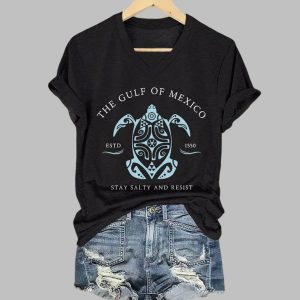 Gulf Of Mexico Stay Salty And Resist Printed V Neck T Shirt