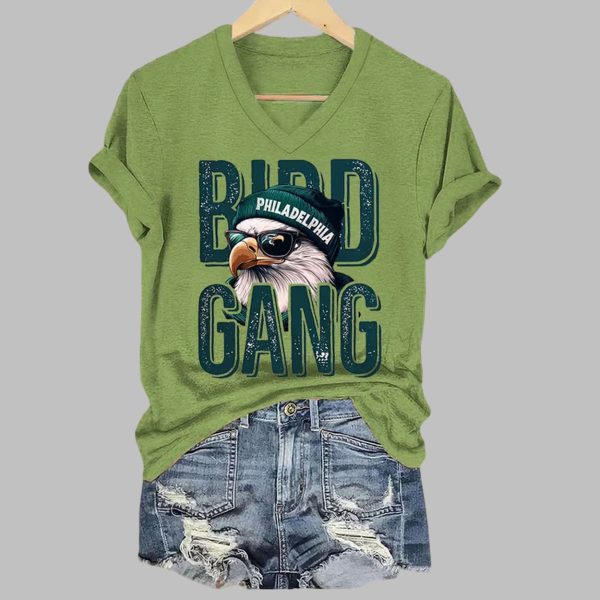 Bird Gang Eagles Football Print V-neck T-shirt
