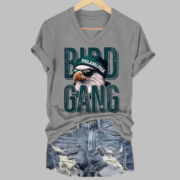 Bird Gang Eagles Football Print V-neck T-shirt