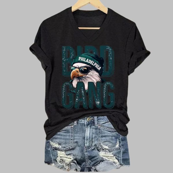 Bird Gang Eagles Football Print V-neck T-shirt
