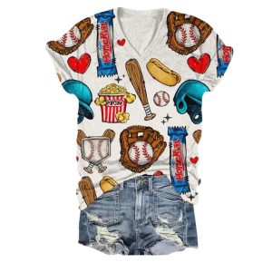 Baseball And Snacks Print V Neck T Shirt