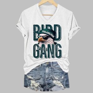 Bird Gang Eagles Football Print V neck T shirt