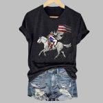 Retro Country Western Music Cowboy Horse And Flag Print T-Shirt