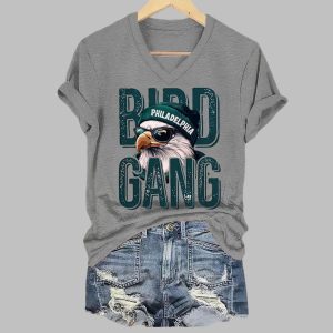 Bird Gang Eagles Football Print V neck T shirt